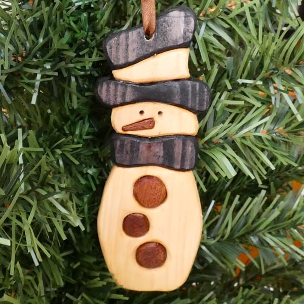 Unique Wooden Snowman with a Black Hat and Scarf Christmas Decoration