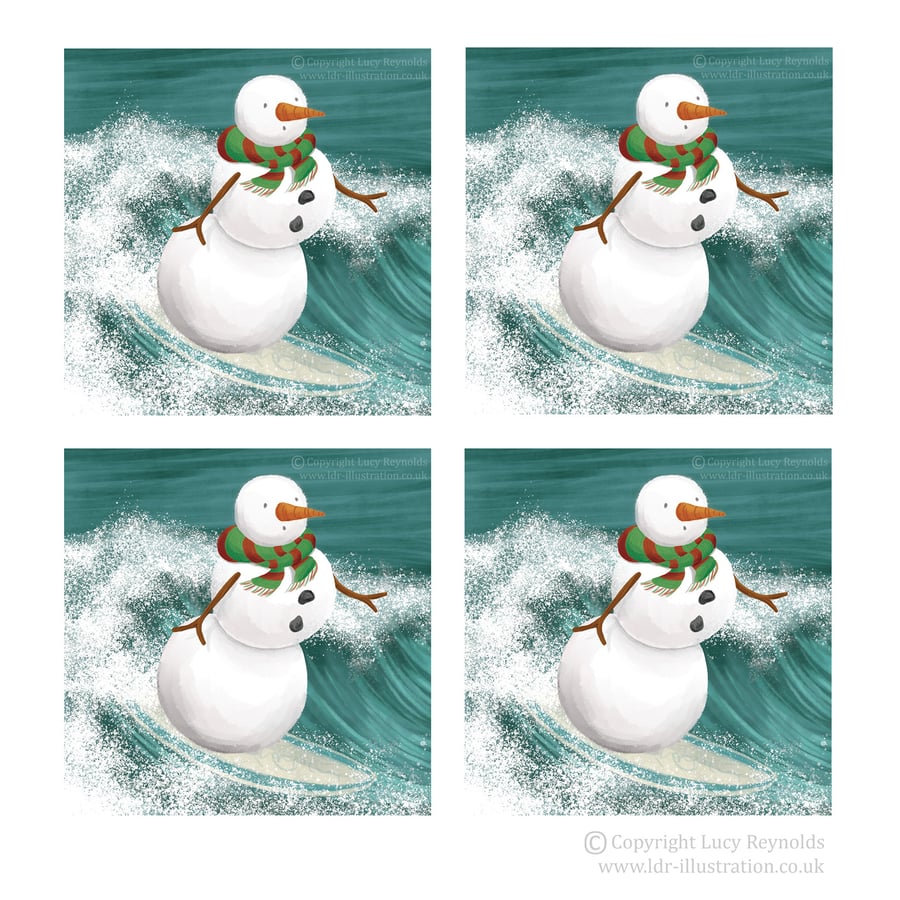 Pack of 4 Surfing Snowman Cards