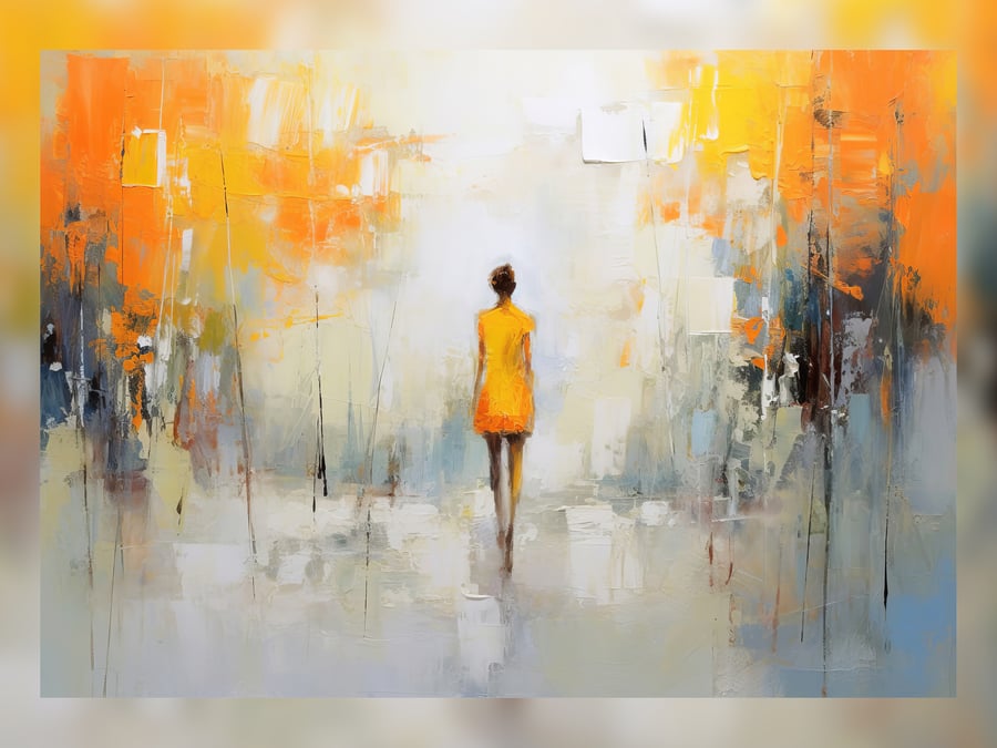 Abstract Woman in Yellow, Oil Painting Print Modern-Themed Art, Yellow White 5x7