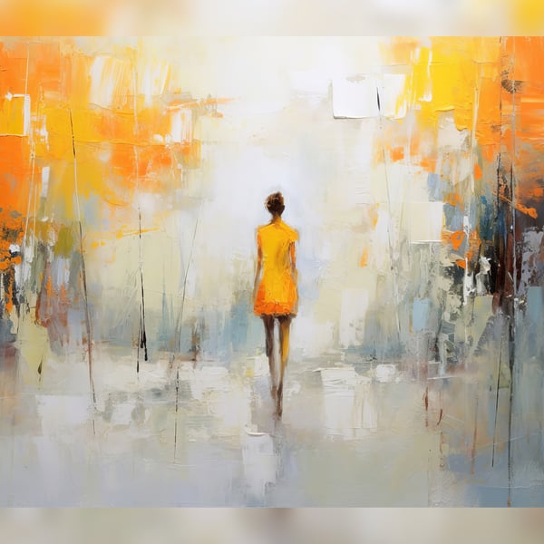 Abstract Woman in Yellow, Oil Painting Print Modern-Themed Art, Yellow White 5x7