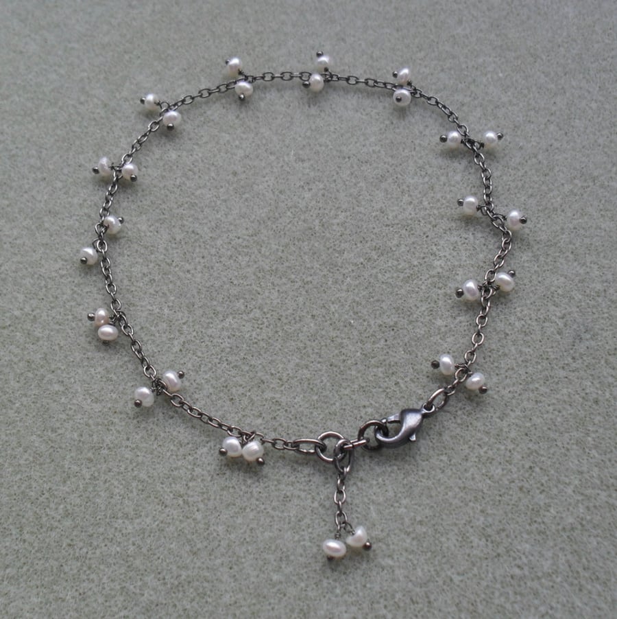 Freshwater White pearl Anklet Black Tone Vintage