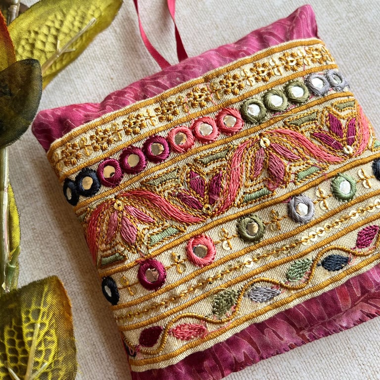 A pretty batik lavender bag with Indian embroidered trim, scented gift