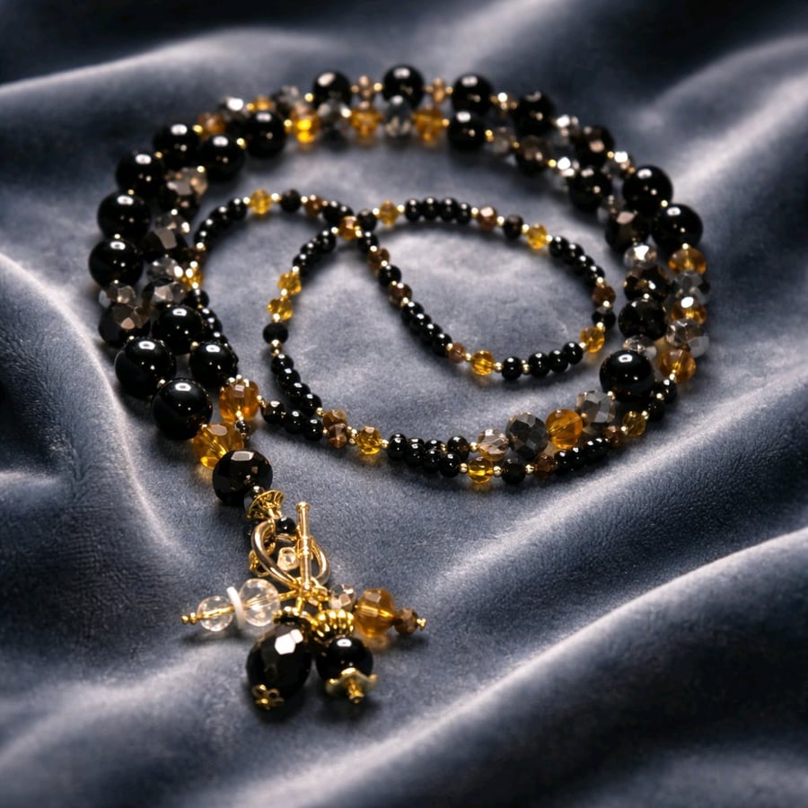 Black Obsidian & Crystal beaded Necklace.