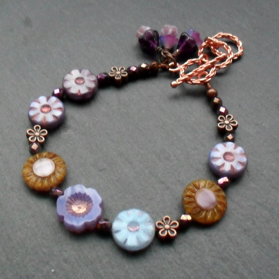 Purple and Blue Czech Glass Flower Beaded Bracelet