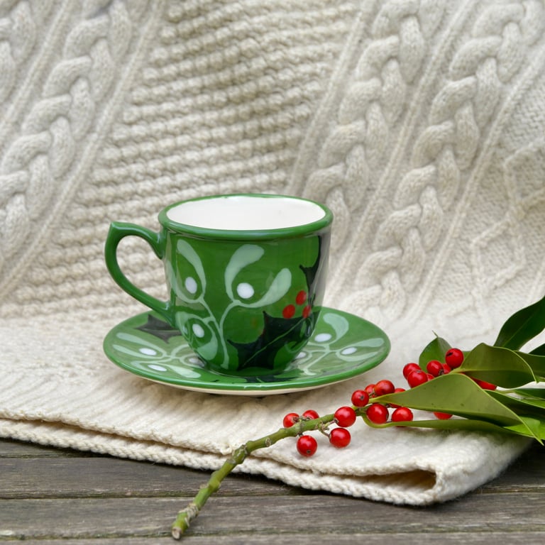 Holly and Mistletoe Cup and Saucer - Hand Painted