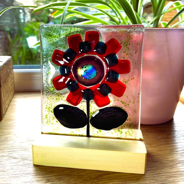 Robin Red fused glass flower suncatcher