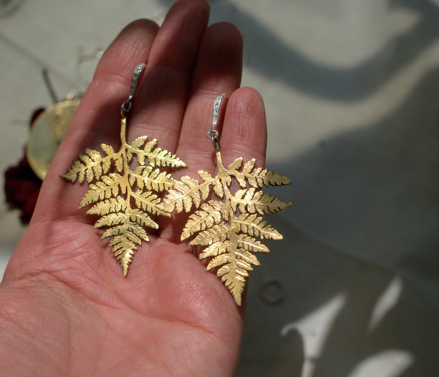 Handmade Fern Leaf Earrings with Cubic Zirconia Detail