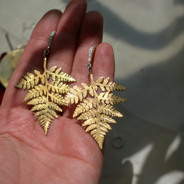 Handmade Fern Leaf Earrings with Cubic Zirconia Detail