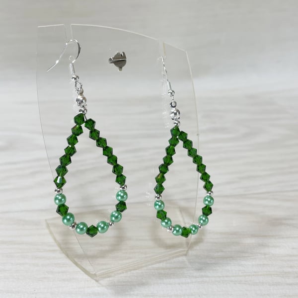Dark Green Bicone Beads Tear Drop Hoop Pierced Earrings Light Green Faux Pearls