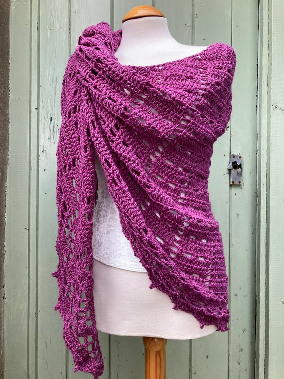 Handmade Shallow Triangle Wrap Lace Shawl Oversized Pink Cotton Scarf