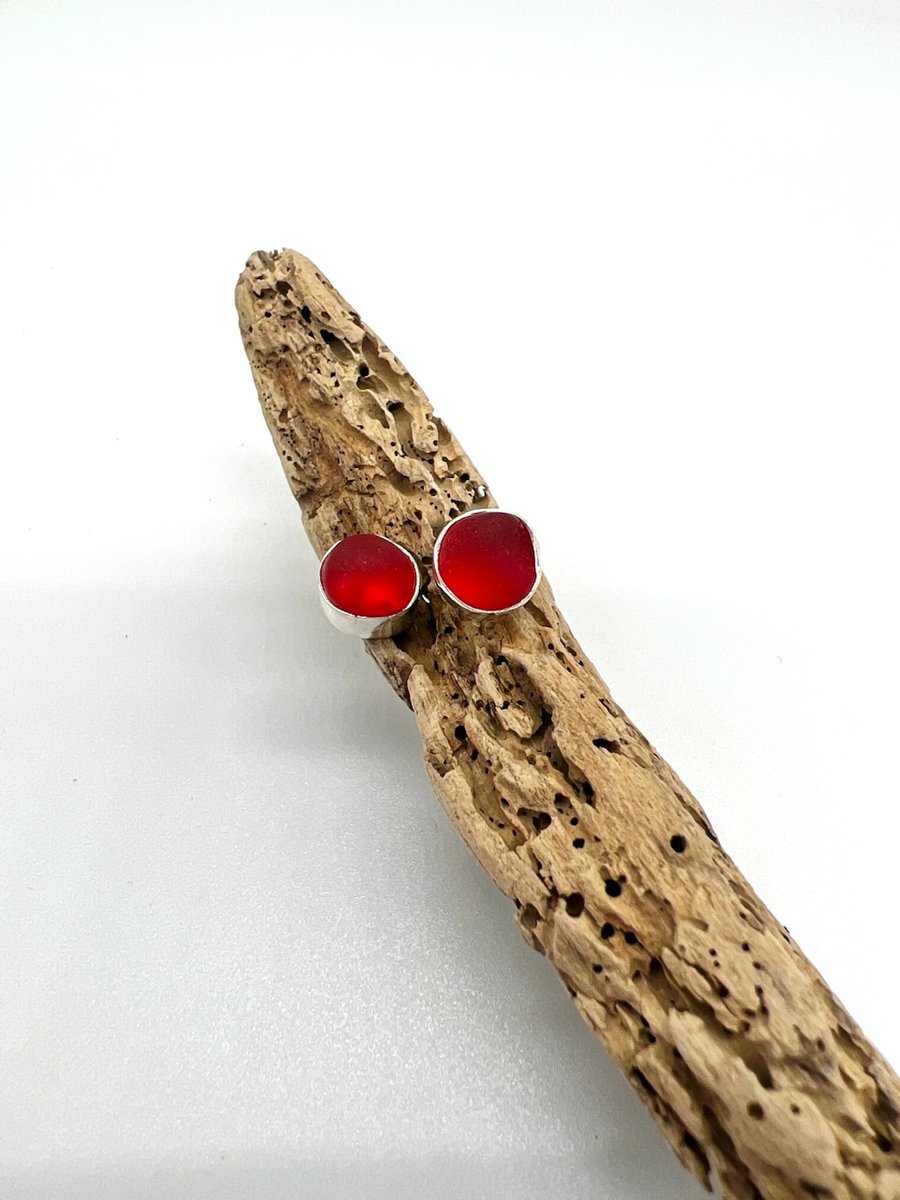 Red Sea Glass Stud Earrings
