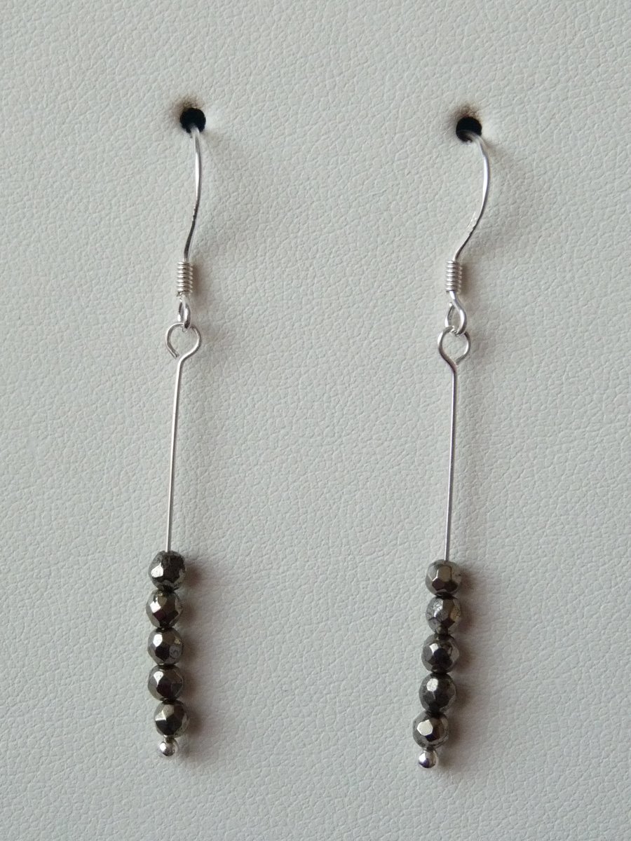 Pyrite Long Drop Earrings - Sterling Silver - Handmade - Genuine Gemstone