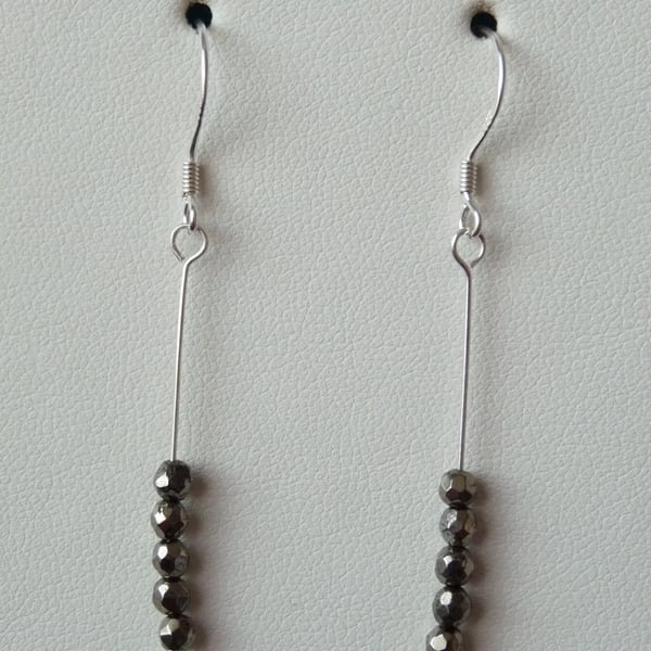 Pyrite Long Drop Earrings - Sterling Silver - Handmade - Genuine Gemstone