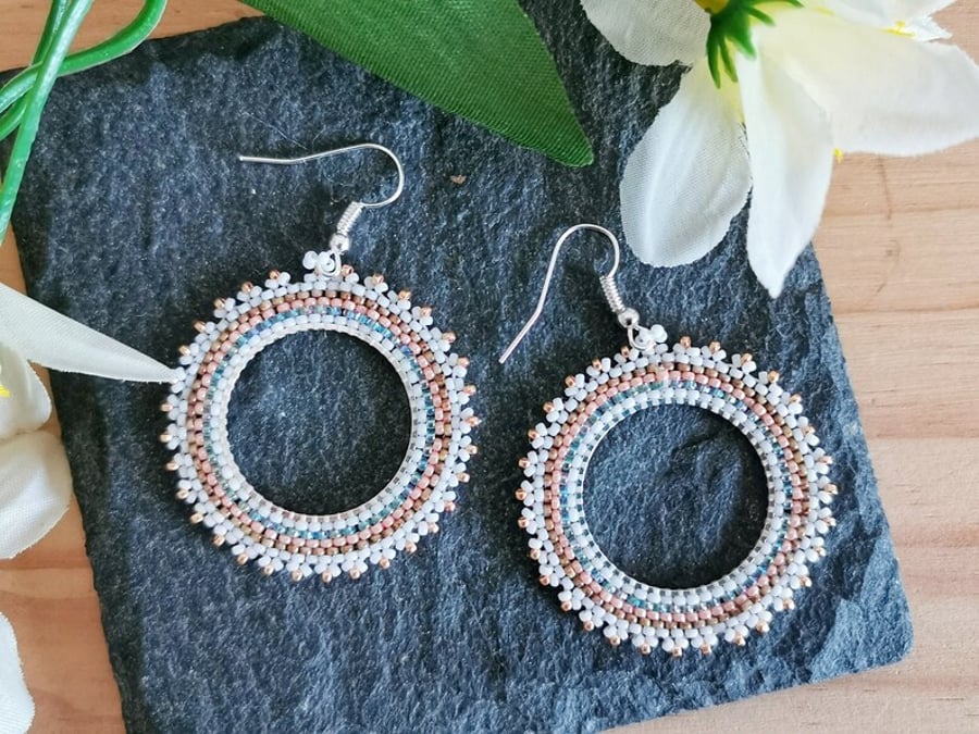 Beaded White Circle Earrings