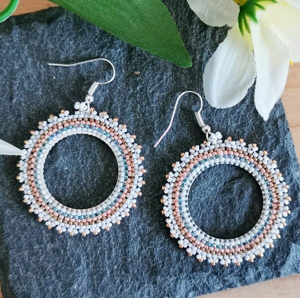 Beaded White Circle Earrings