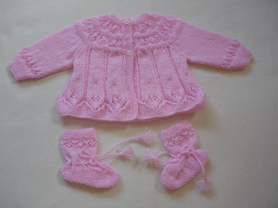 Hand-Knitted Coat and Bootees for Baby Girl - Pink