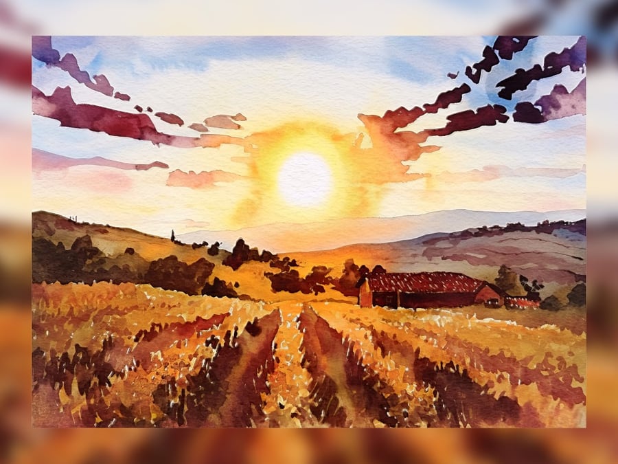 Golden Sunset Fields, Warm Country Landscape Art, 5"x7" on Matte Paper
