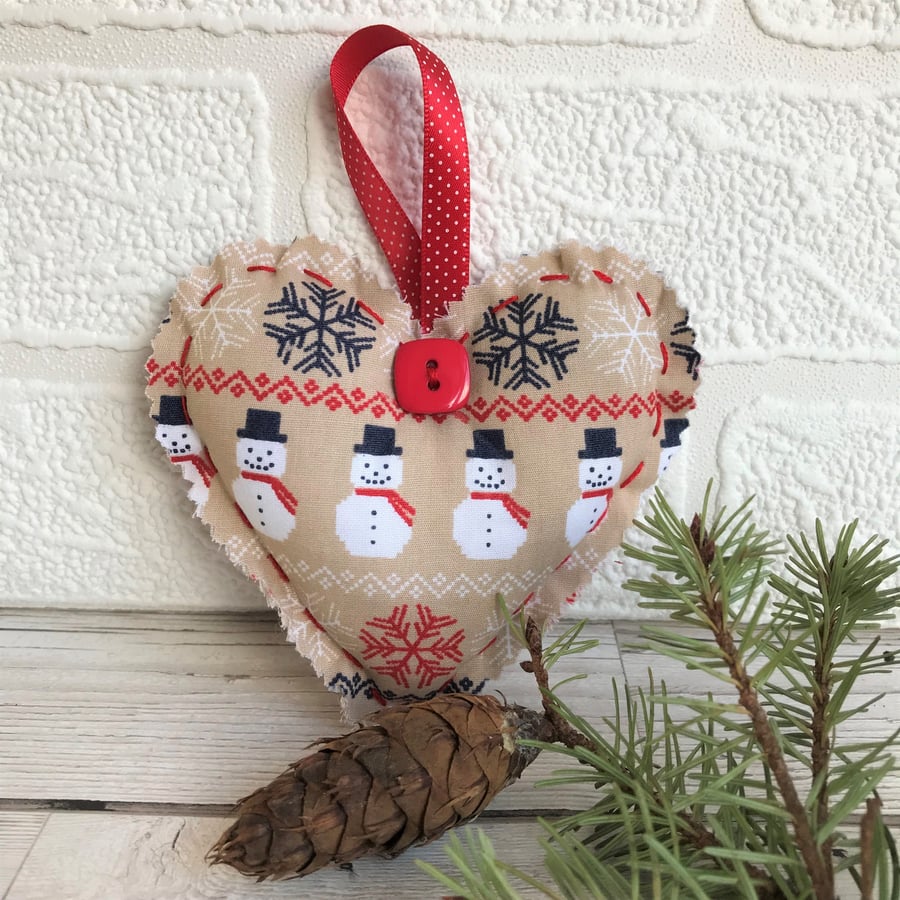 SALE, Snowman Christmas decoration, hanging heart in beige and red with snowmen