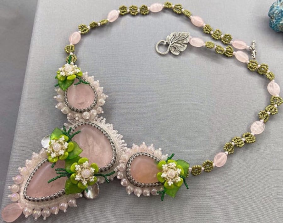 Rose Quartz Spring Flowers Pastel Bib Necklace 