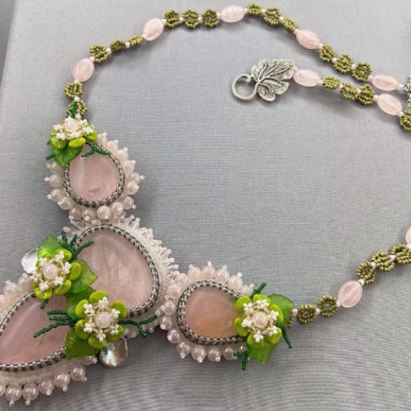 Rose Quartz Spring Flowers Pastel Bib Necklace 