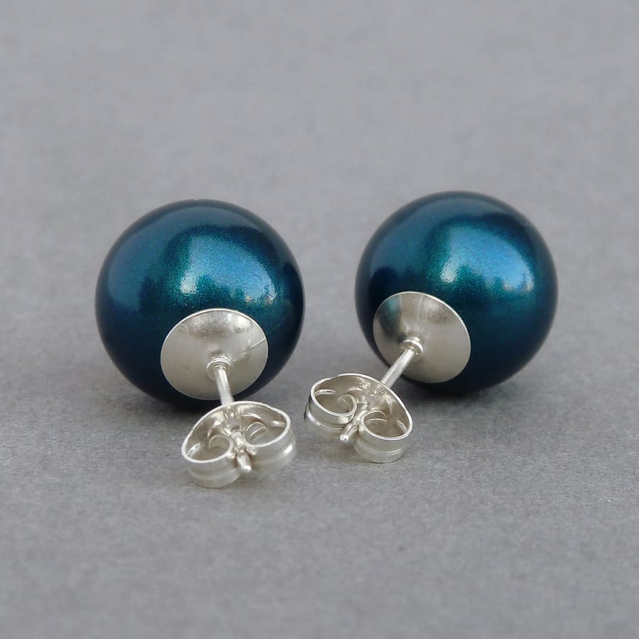 12mm Chunky Teal Glass Pearl Stud Earrings - Large Round Petrol Blue Studs