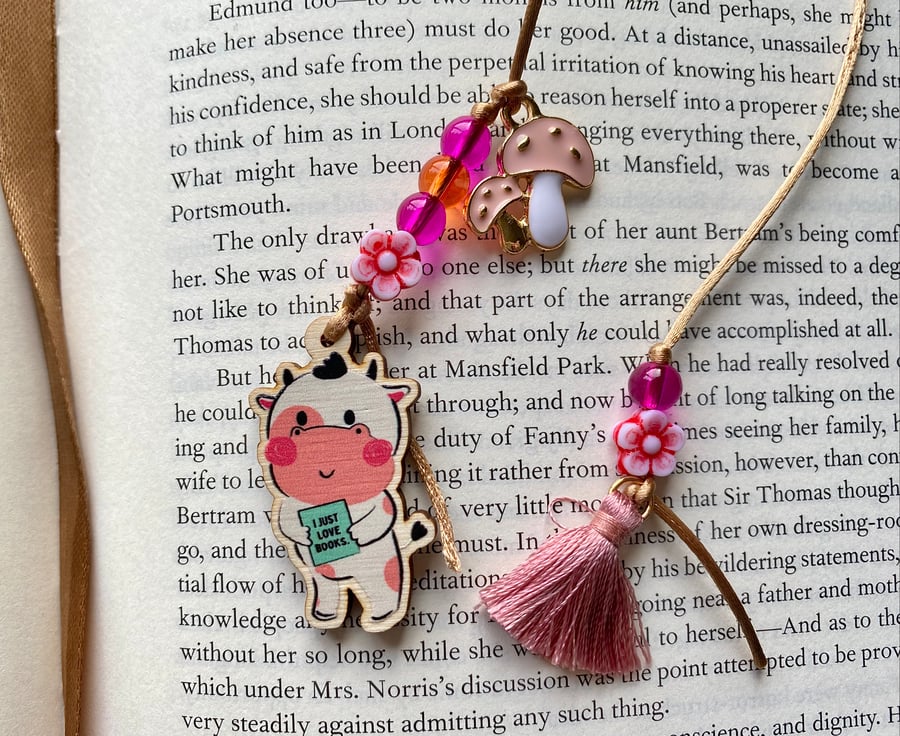 Tasseled Cottagecore Book Lover Cow Toadstool Charm Bookmark