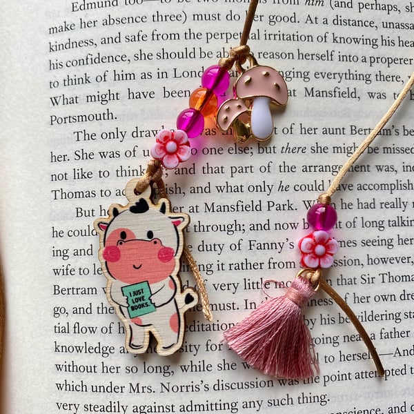 Tasseled Cottagecore Book Lover Cow Toadstool Charm Bookmark