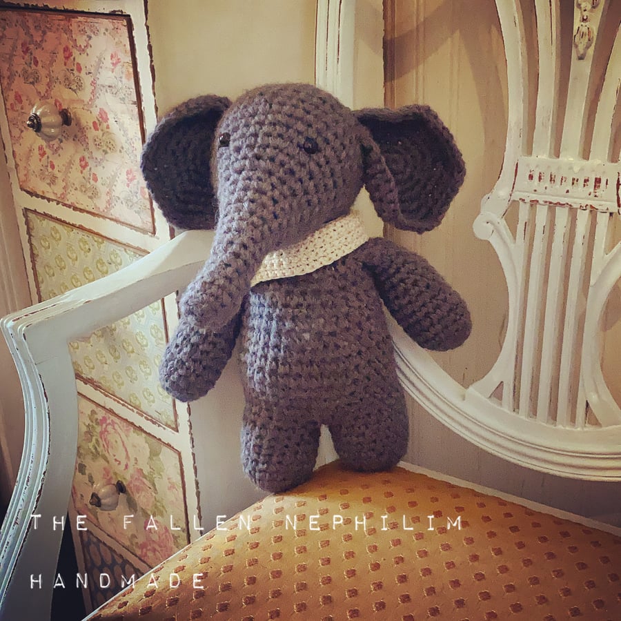 Hand crocheted grey elephant made from unravelled vintage cardigan recycled gift