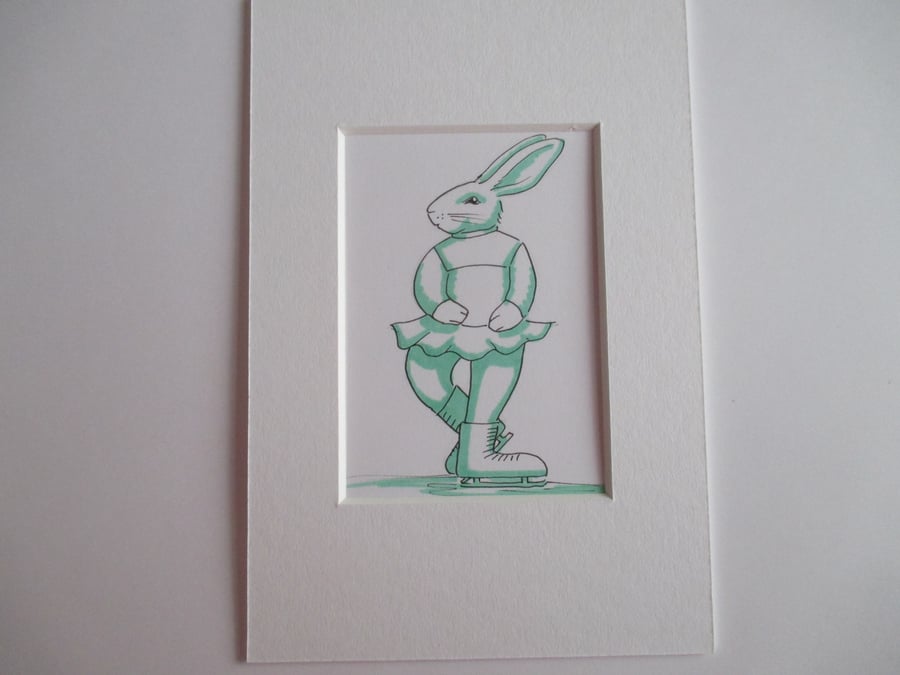 SALE Ice Skating Dancing Bunny Rabbit ACEO original miniature painting in mount