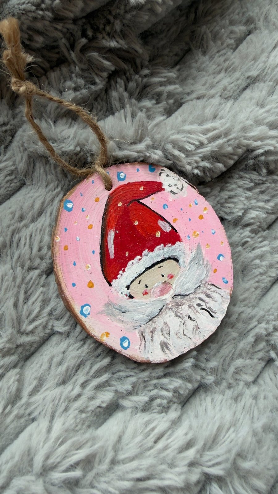 Hand-painted Santa Claus illustration on wooden disck, Xmas tree decoration,