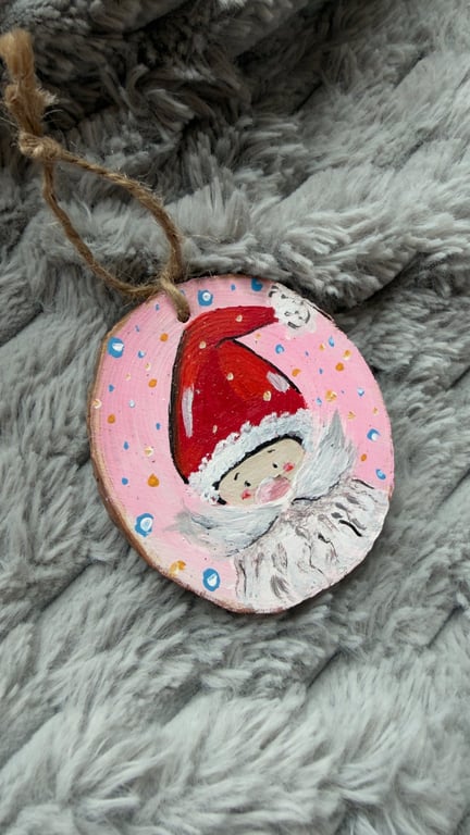 Hand-painted Santa Claus illustration on wooden disck, Xmas tree decoration,