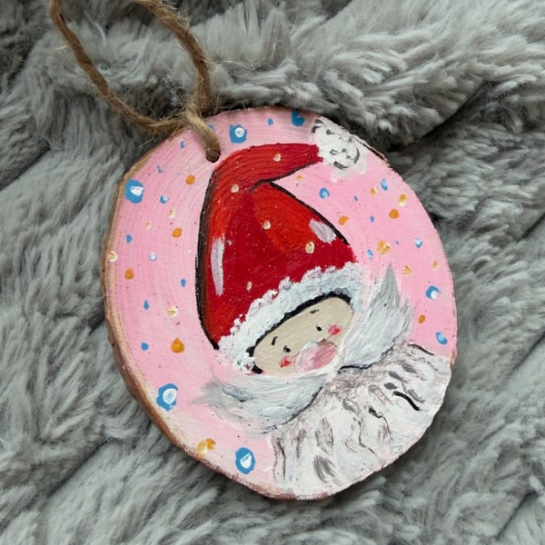 Hand-painted Santa Claus illustration on wooden disck, Xmas tree decoration,