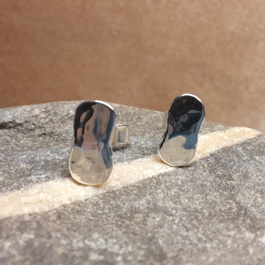 Recycled Sterling silver hammered bean style stud earrings