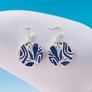 Drop Earrings, abstract blue 19mm discs, sterling silver ear wires (829)