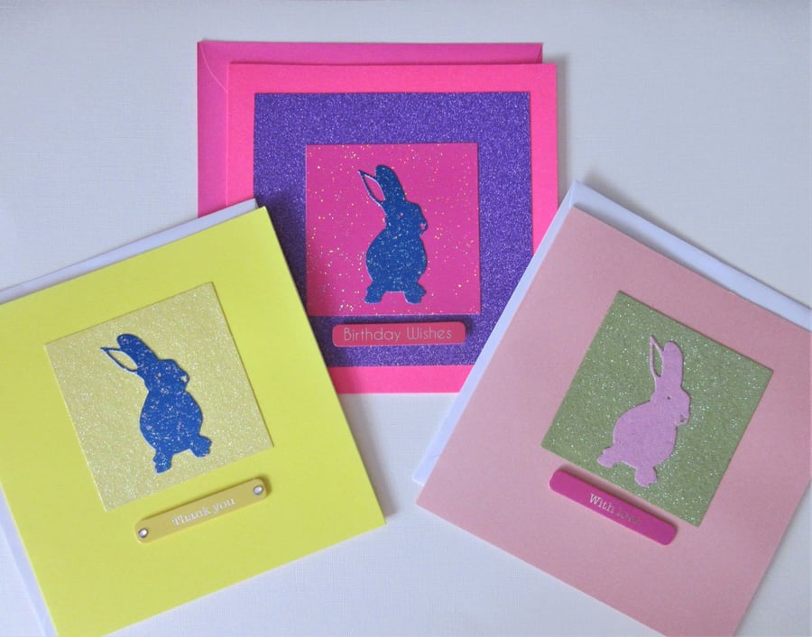 3 x Bunny Rabbit Sparkly Greetings Cards Blank Happy Birthday Thank You etc