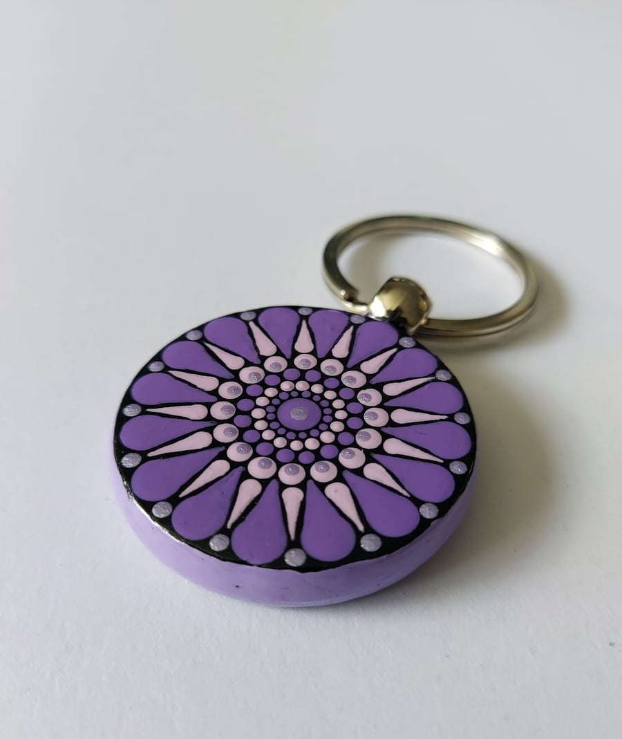 Wood Keyring With Hand Painted Dot Art Mandala Design