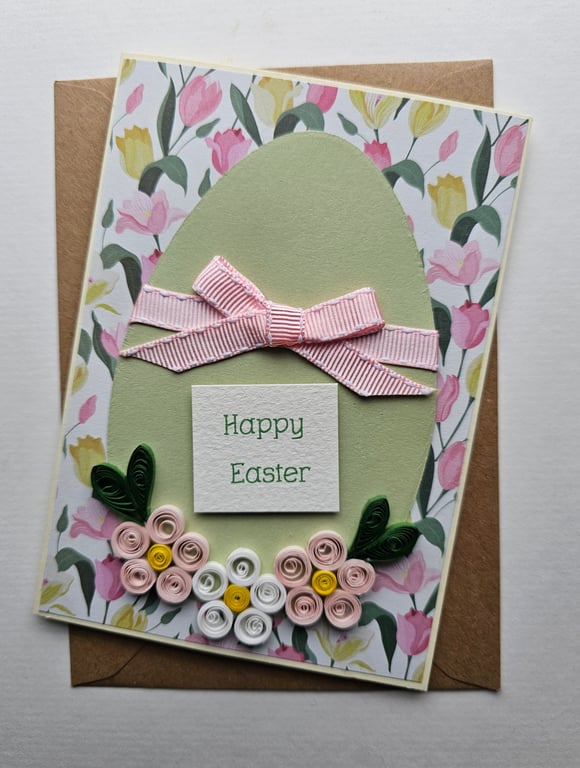 Easter Egg Pale Pink Quilled Flowers Card Size 6" x 4" Happy Easter