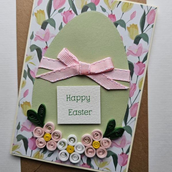 Easter Egg Pale Pink Quilled Flowers Card Size 6" x 4" Happy Easter