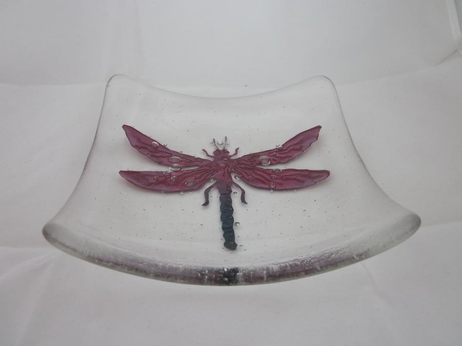 Handmade fused glass candy bowl - copper dragonfly on clear