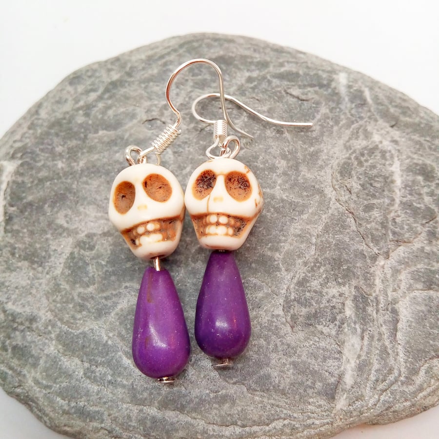 Halloween Howlite Skull Bead And Purple Teardrop Bead Earrings, Halloween