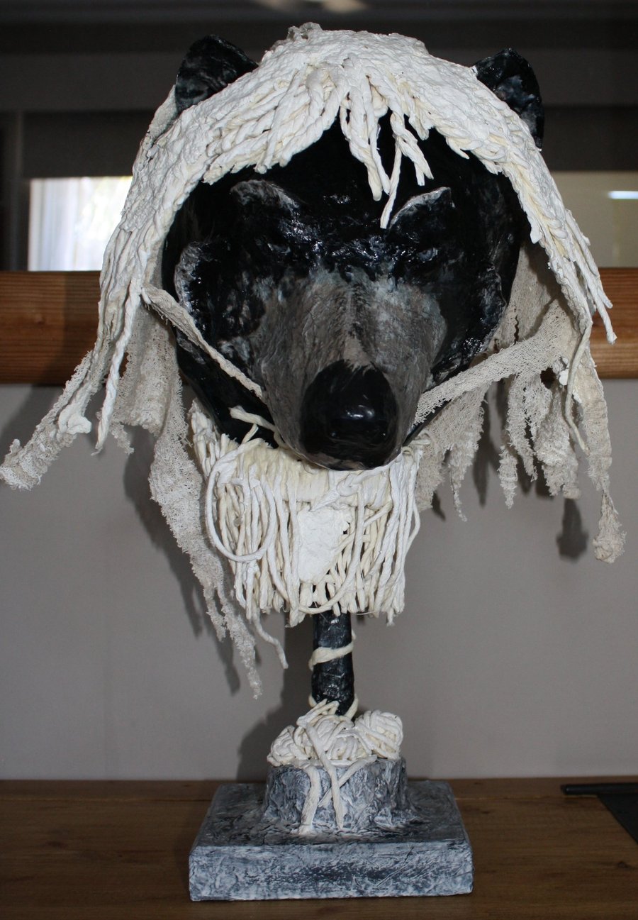 HANDMADE & HAND PAINTED UNIQUE PAPER MACHE WOLF IN SHEEPS CLOTHING ON STAND, 