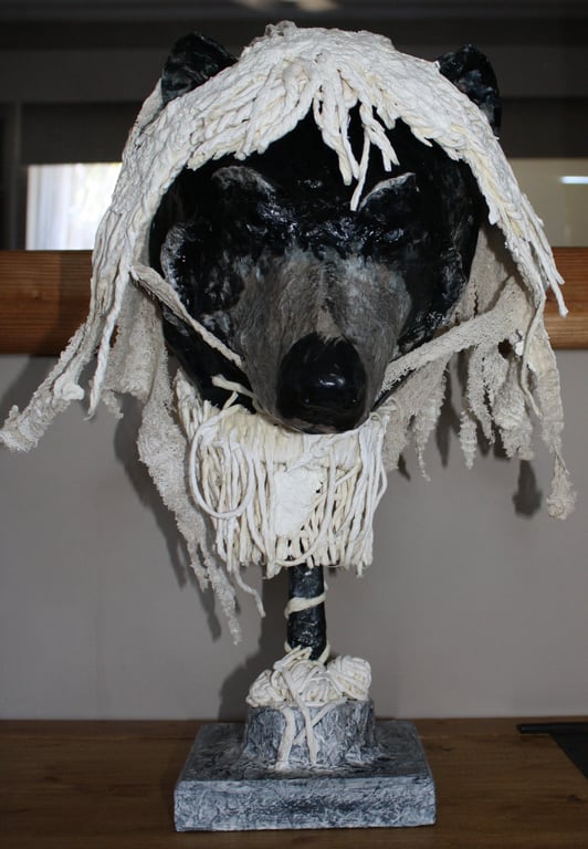 HANDMADE & HAND PAINTED UNIQUE PAPER MACHE WOLF IN SHEEPS CLOTHING ON STAND, 