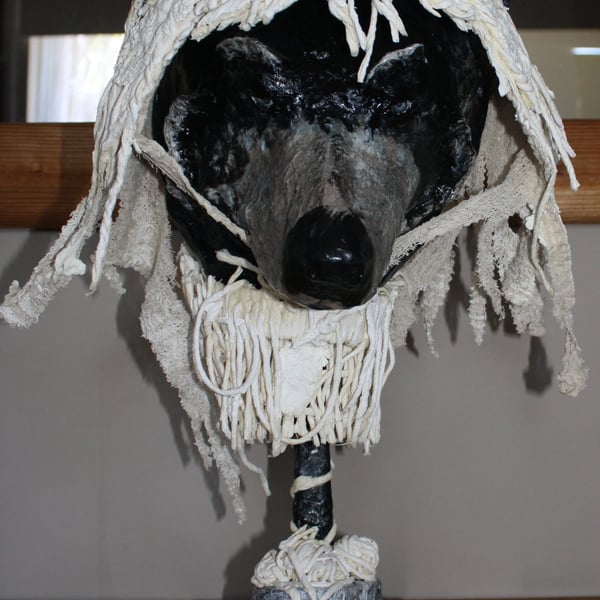 HANDMADE & HAND PAINTED UNIQUE PAPER MACHE WOLF IN SHEEPS CLOTHING ON STAND, 