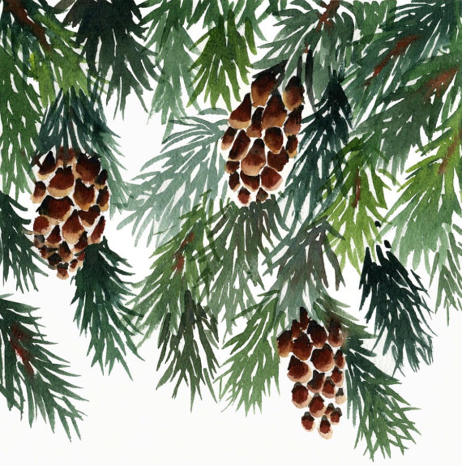 Pine cone card, watercolour, trees, snow, winter