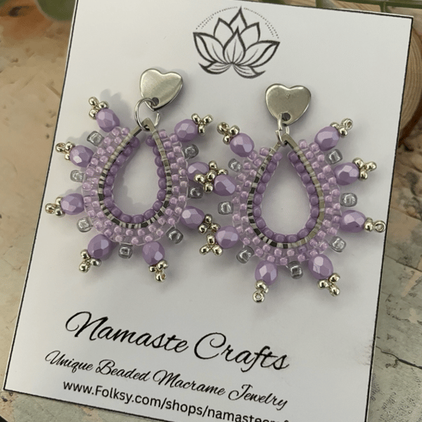 Pretty lilac glass beaded teardrop statement dangle earrings