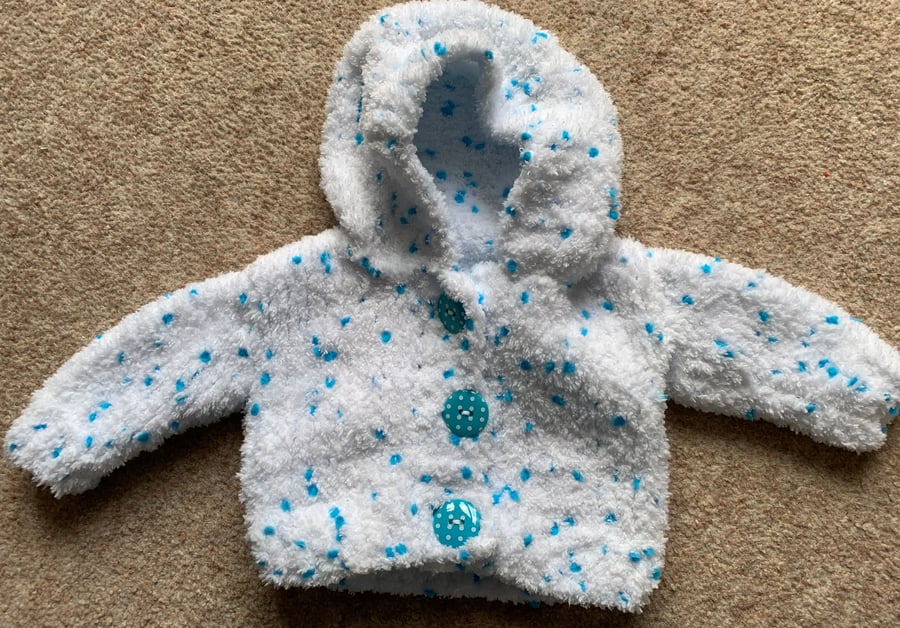 Hand Knitted Fluffy Hooded Baby Cardigan in Turquoise and White