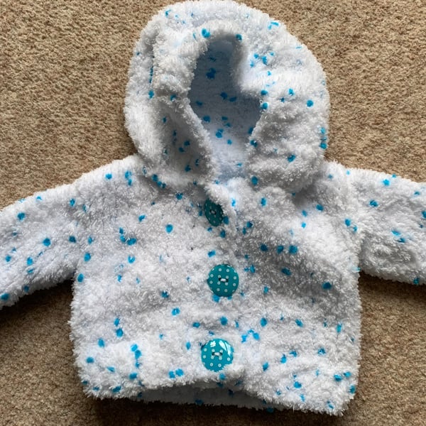 Hand Knitted Fluffy Hooded Baby Cardigan in Turquoise and White