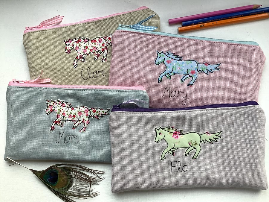 Horse Custom Pencil Case - Pen Art Pouch with Choice of colour