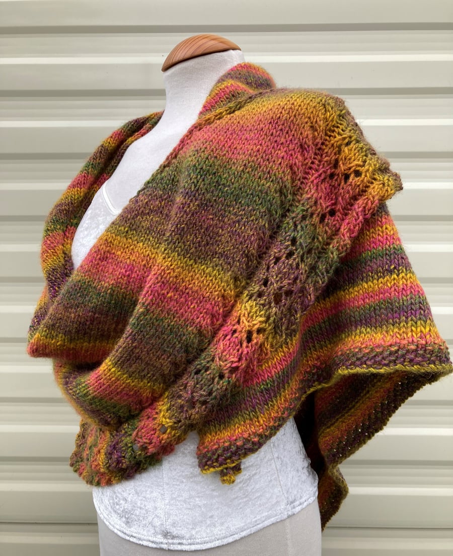 Unique Hand Knitted Triangle Shawl in Sunset Colours