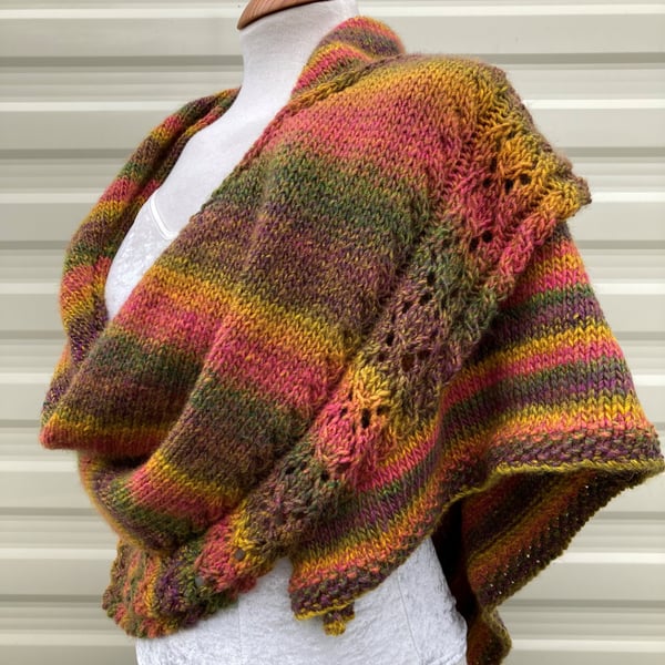 Unique Hand Knitted Triangle Shawl in Sunset Colours